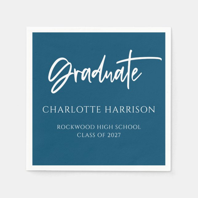 Graduation Party Navy Blue und White Script Serviette (Vorderseite)
