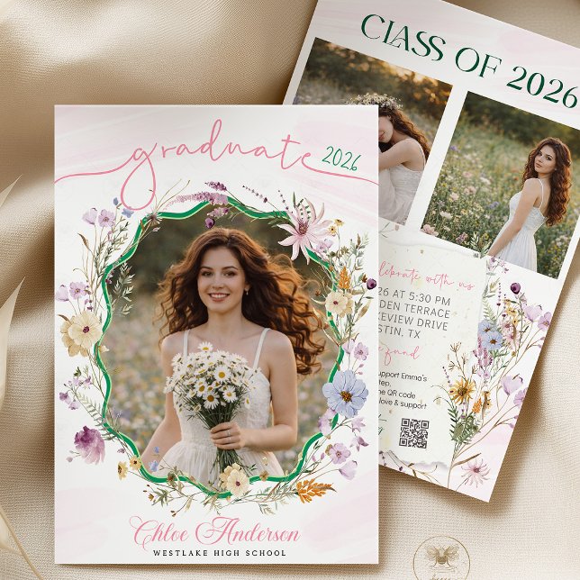 Graduation party QR Code Wildflower   Einladung (graduation invitation, qr code invite, wildflower invitation, boho graduation, floral invite, gradua)