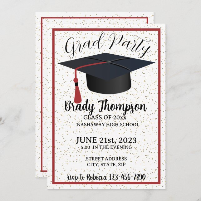 GRADUATION Party-RED School Colors - 2 Foto Einladung (Vorne/Hinten)