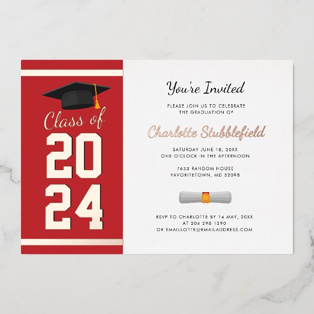 Graduation Party Red Script Grad 2025 Rose Gold Folieneinladung (Vorderseite)