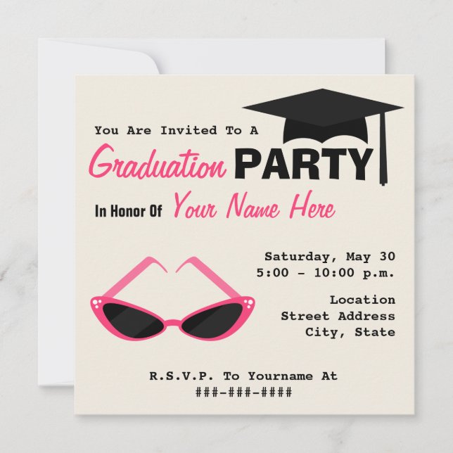 Graduation Party Retro Kat Eye Pink Sonnenbrille Einladung (Vorderseite)