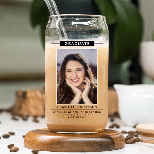 Graduation Party Simple Modern Script Foto Black Dosenglas (Von Creator hochgeladen)