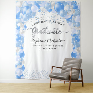 Graduation Party White Blue Balloons Streamer Wandteppich