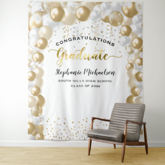 Graduation Party White Gold Balloons Streamer Wandteppich