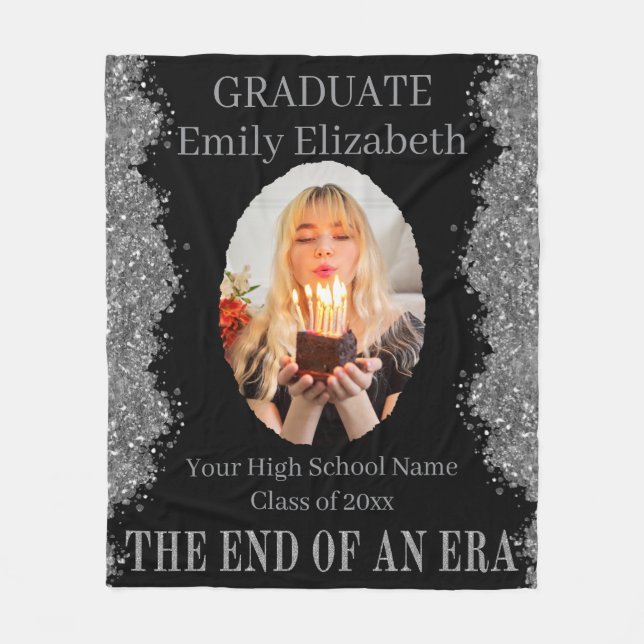 Graduation Photo Blanket Black Silver Glitter Fleecedecke (Vorderseite)
