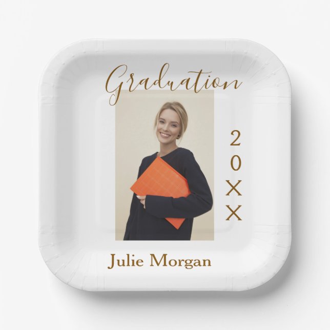 Graduation photo brown golden year 20XX namesimple Pappteller (Vorderseite)