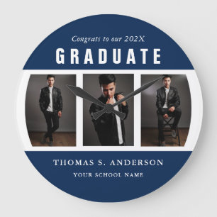 Graduation Photo Collage Blue and White Custom Große Wanduhr