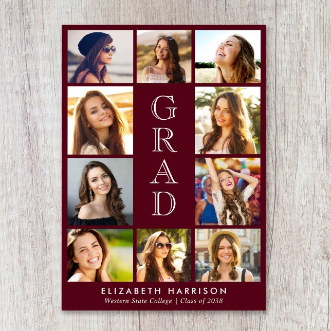 Graduation Photo Collage Burgundy Ankündigung (Graduation Photo Collage Burgundy Announcement)