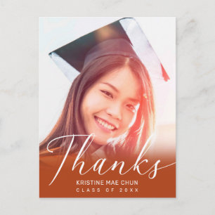Graduation Photo Modern Script Orange Thank You Postkarte