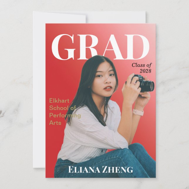 Graduation Red Black White Magazine Announcement Einladung (Vorderseite)