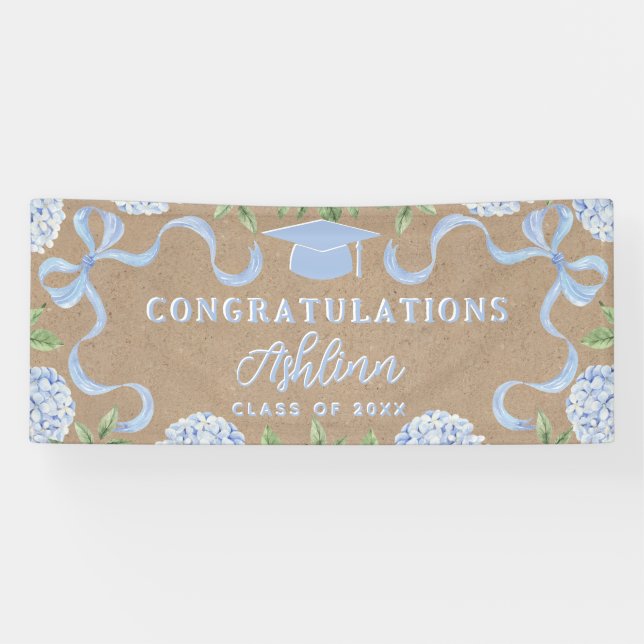 Graduation Sign, Kraft Colored Blue Hydrangea Banner (Horizontal)