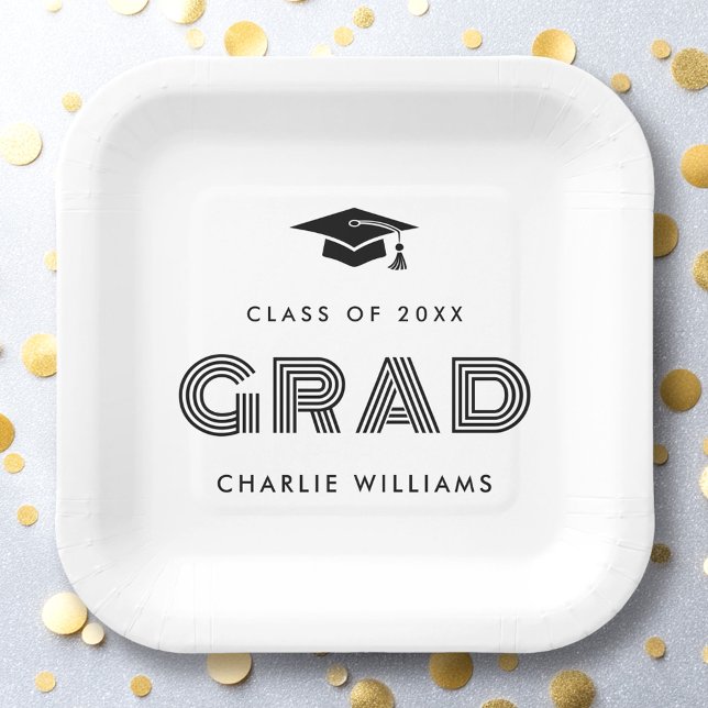 Graduationskappe Grad Grad Grad Klasse weiß Pappteller (Graduation cap Student Grad name class white Paper Plates)