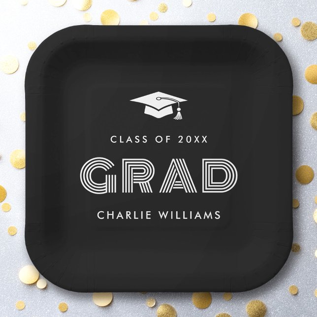 Graduationskappe Klasse Grad Klasse schwarz Pappteller (Graduation cap Student Grad name class black Paper Plates)