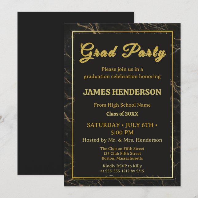 Graduationspartei für schwarze Marmorkalligrafie 2 Einladung (Vorne/Hinten)