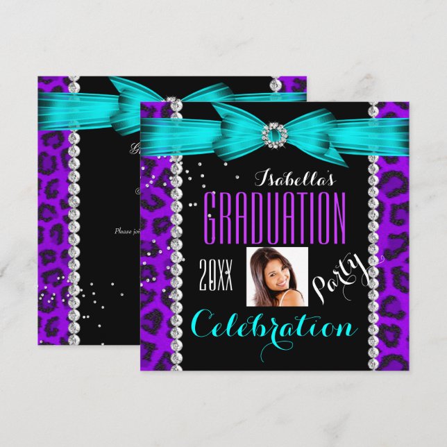 Graduationspartei Grad Lila Aquamariner Blauer Leo Einladung (Vorne/Hinten)