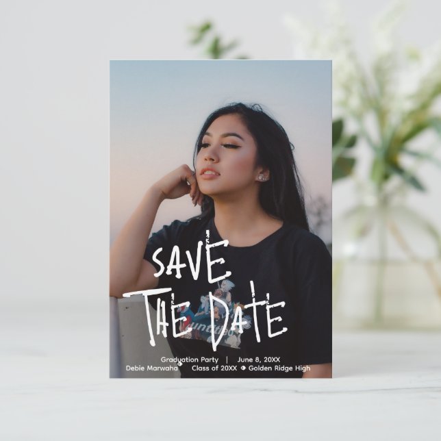 Graduationspartei Personalisiert Save the Date Kar Dankeskarte (Stehend Vorderseite)