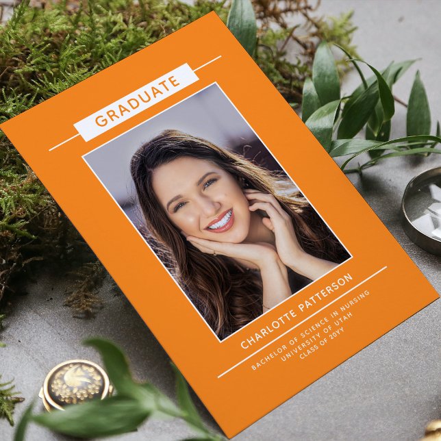 Graduationspartei Simple Modern Script Foto Orange Einladung (Von Creator hochgeladen)
