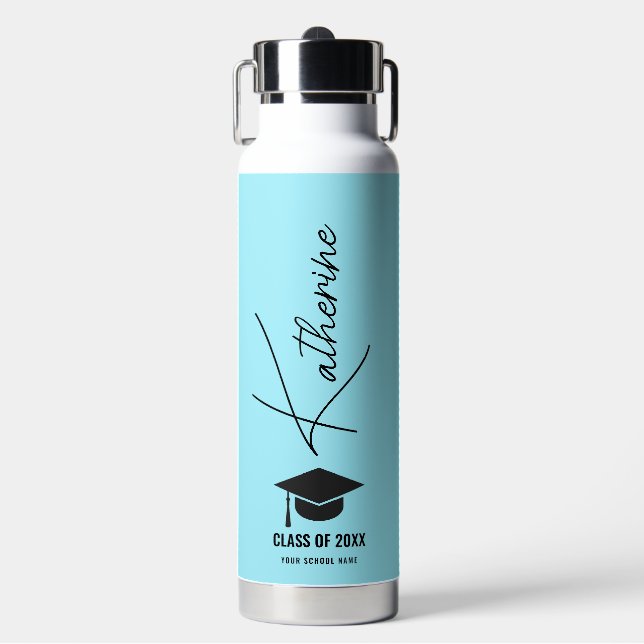 Graduiertenkap Elegant Calligraphy Blue Custom Trinkflasche (Vorderseite)