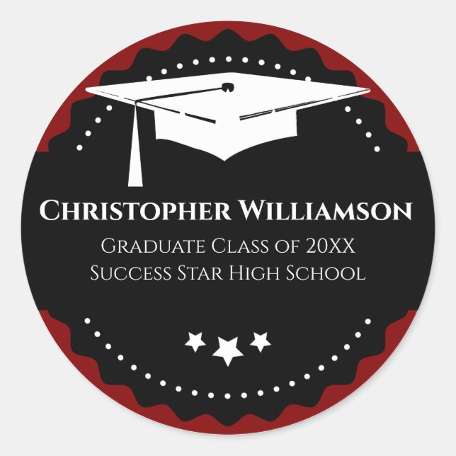 Graduiertenkap Moderne Schule Rot Schwarz Runder Aufkleber (Vorderseite)