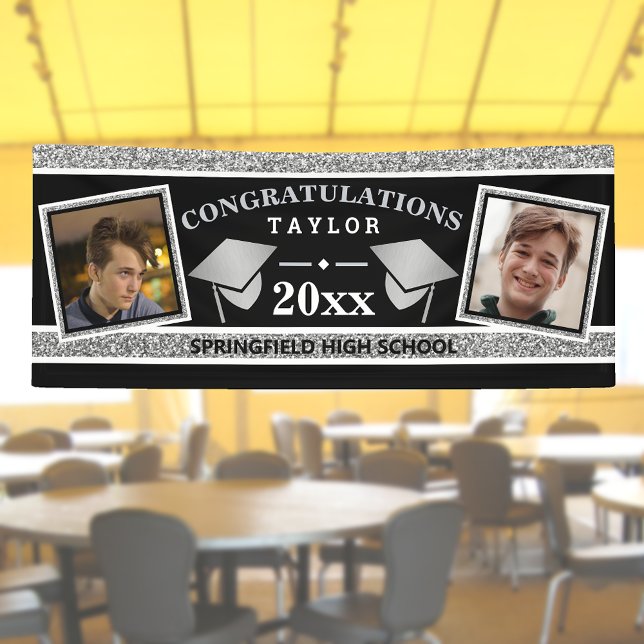 Graduiertenkap Silver und Black Herzlichen Glückwu Banner (Von Creator hochgeladen)