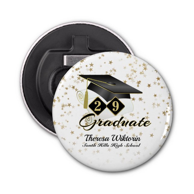 Graduiertenkappen Schwarze Gold Stars Personalisie Flaschenöffner (Vorderseite)