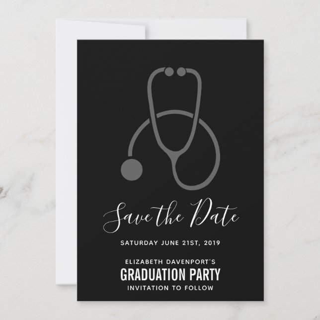 Graduiertenparty Grau am Black Stethoscope Save The Date (Vorderseite)