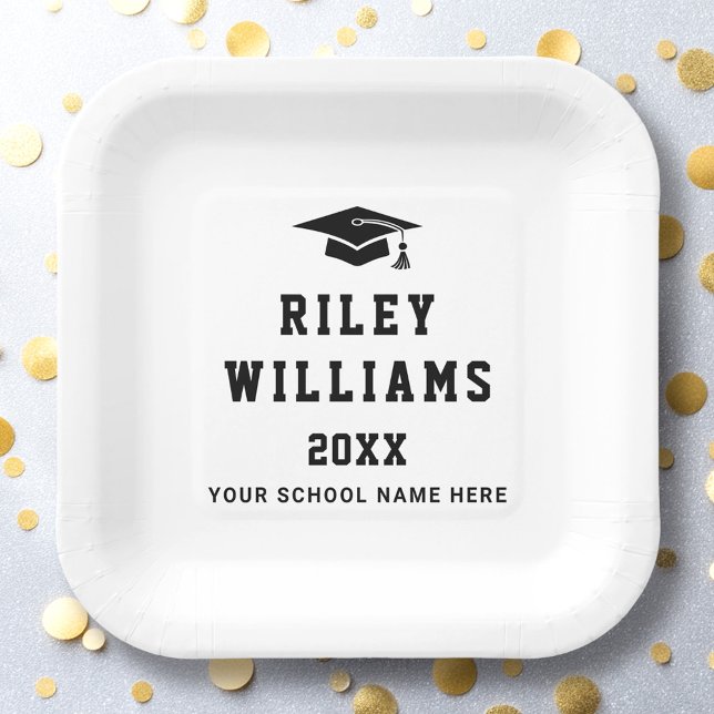 Graduiertenzahl Jahr Uni Schriftart Weiß Pappteller (Graduation cap name year college sports font white paper plates)