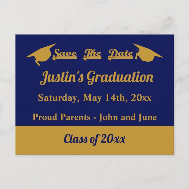 Graduierter Abschluss Save the Date Blau und Gold Postkarte (Vorderseite)
