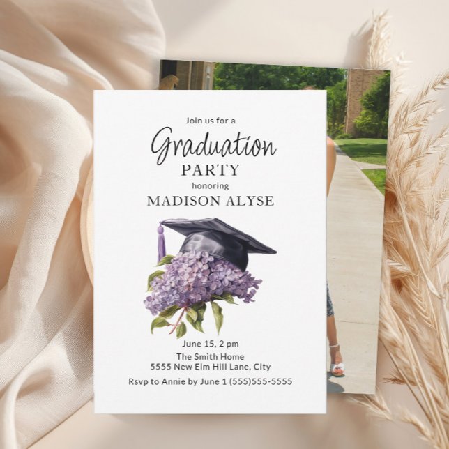 Graduierungskappe Lila florales Foto Abschluss Einladung (Purple floral graduation cap photo party invitation)