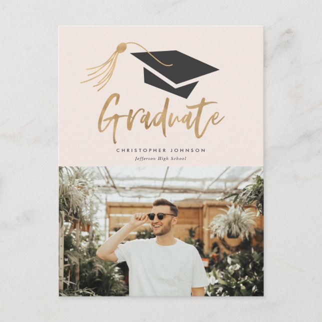 Graduierungskappe und Tassel Gold Foil Foto Party Ankündigungspostkarte (Vorderseite)