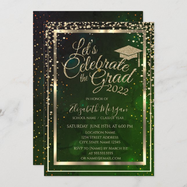 Graduierungsklammer Diamonds Stars Green Abschluss Einladung (Vorne/Hinten)