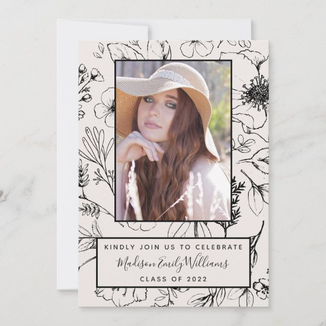 Graduierungspartei Blush Botanisches Skript-Foto Einladung (Vorderseite)