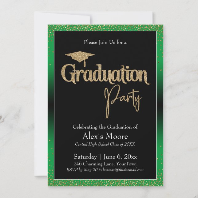 Graduierungspartei Bright Green Ombre Confetti Einladung (Vorderseite)