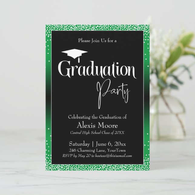 Graduierungspartei Bright Green Ombre Confetti Einladung (Stehend Vorderseite)