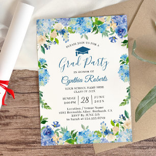 Graduierungspartei Chic Blue Hydrangeas Floral Einladung