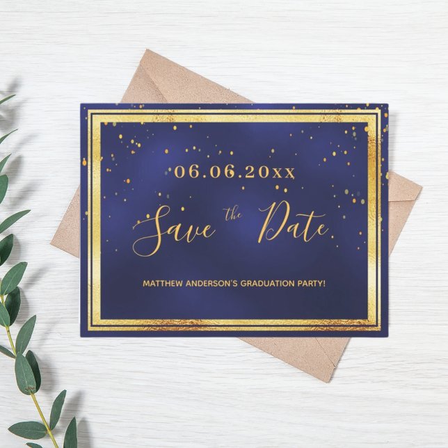 Graduierungspartei dunkelblaues Gold Save the Date Postkarte (Von Creator hochgeladen)