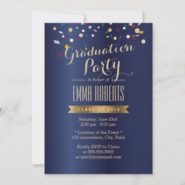 Graduierungspartei Elegant Navy Blue Confetti Einladung (Vorderseite)