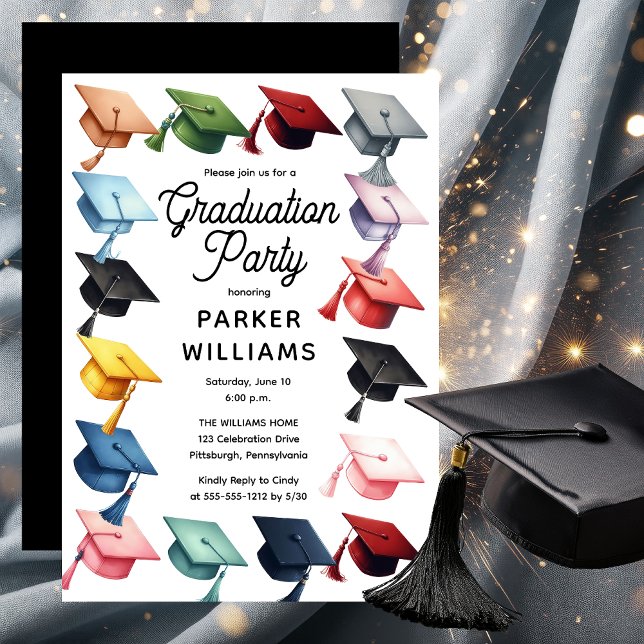 Graduierungspartei für mehrere Grad Einladung (Multi-Colored Grad Caps Graduation Party Invitation)