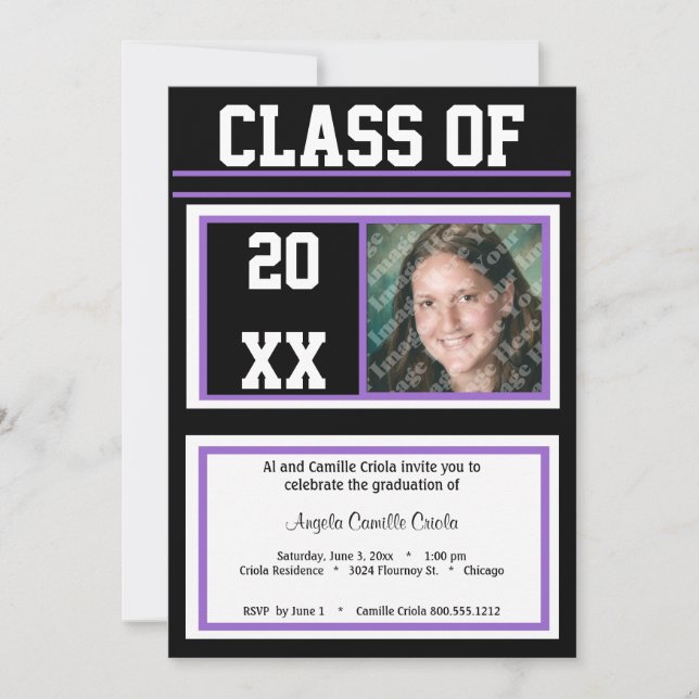 Graduierungspartei für Schwarzes und Lila Foto Einladung (Vorderseite)