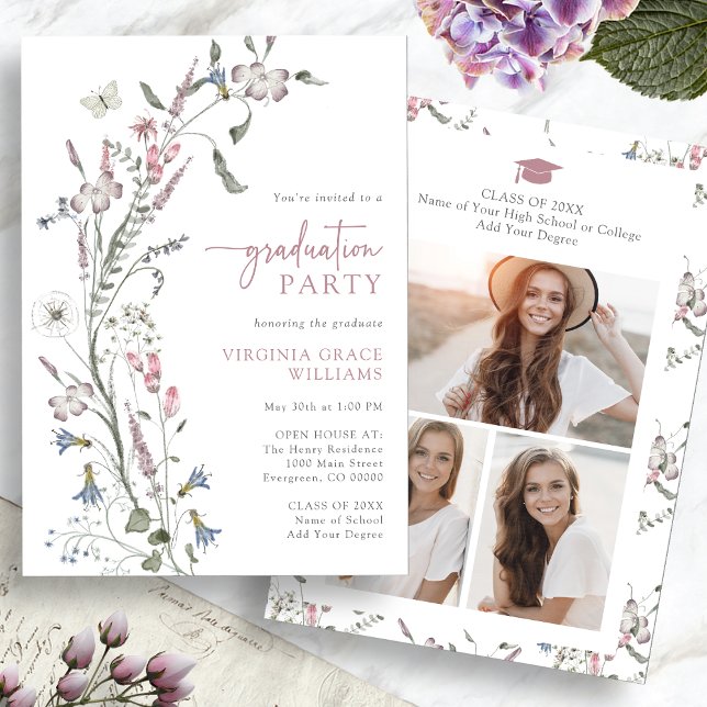 Graduierungspartei für Wasserfarben-Wildblume Einladung (Watercolor Wildflower Graduation Party Invitation Pictures on back by Painted Paperie
)