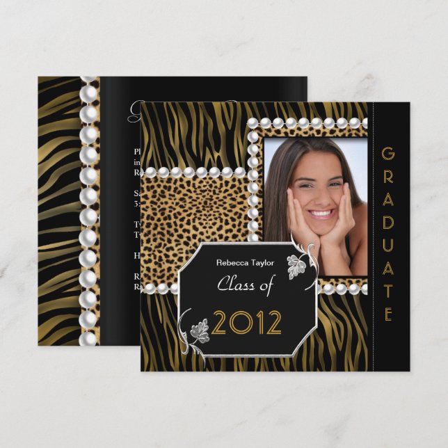 Graduierungspartei Gold Schwarz-weiß Leopard Zebra Einladung (Vorne/Hinten)