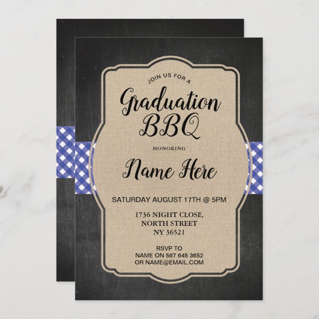 Graduierungspartei GRILLEN Invite Blue Gingham Bur Einladung (Vorne/Hinten)
