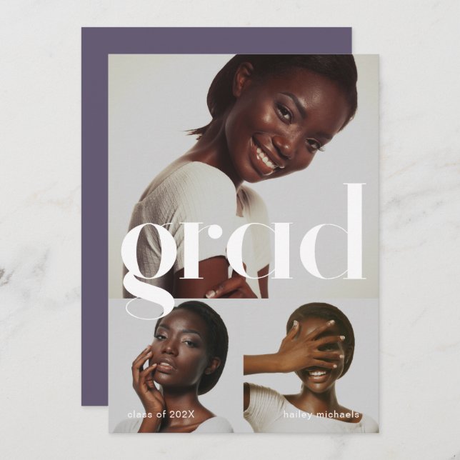 Graduierungspartei Lila drei FotoCollage Einladung (Vorne/Hinten)