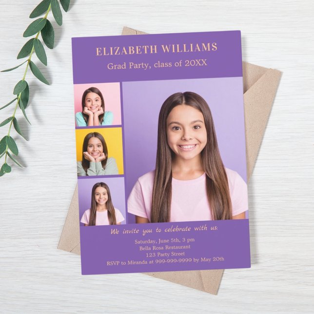 Graduierungspartei lila Foto Collage Einladung (Von Creator hochgeladen)