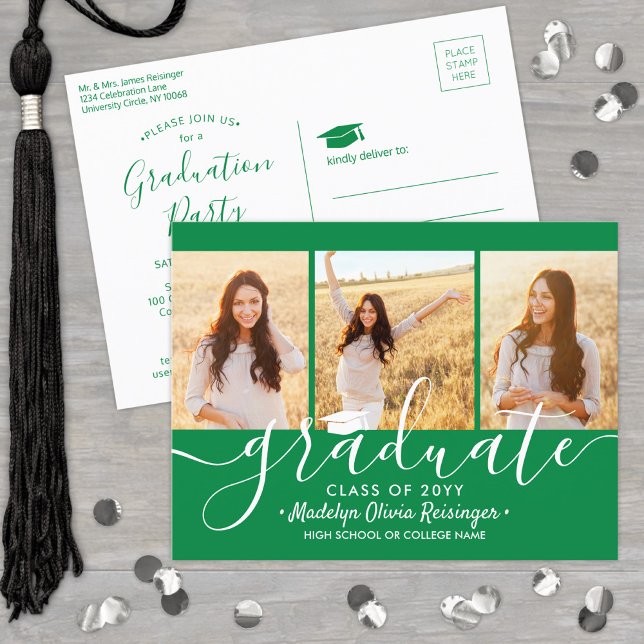 Graduierungspartei Modernes Grün und Weiß 3 Foto Einladungspostkarte (Von Creator hochgeladen)