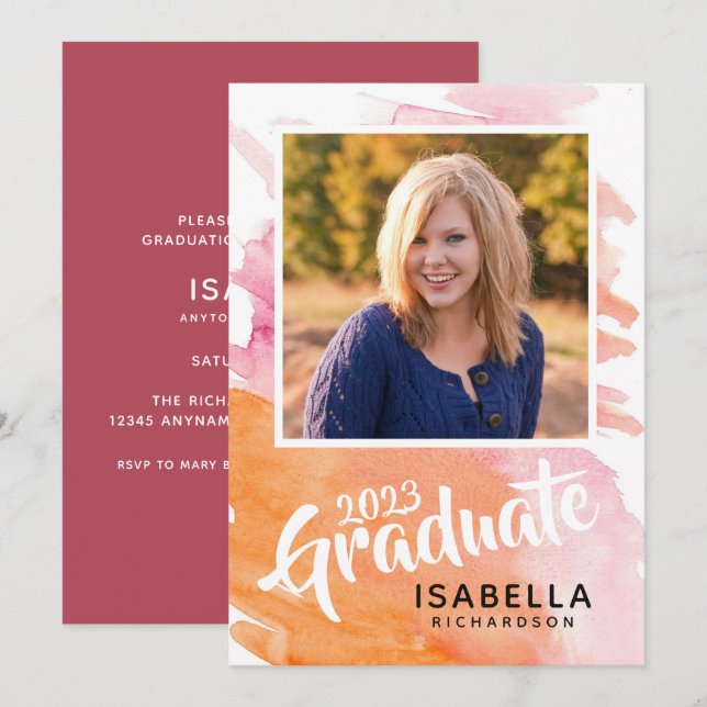 Graduierungspartei Rosa und Orangefarbenes Wasser Einladung (Vorne/Hinten)