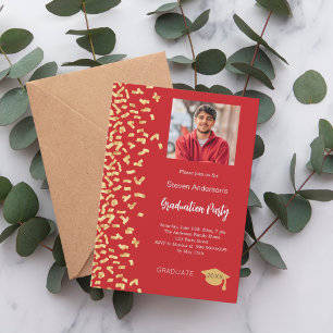 Graduierungspartei Rotgold Konfetti Foto Einladung