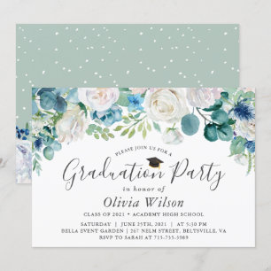 Graduierungspartei Sage Green Blue White Floral Einladung