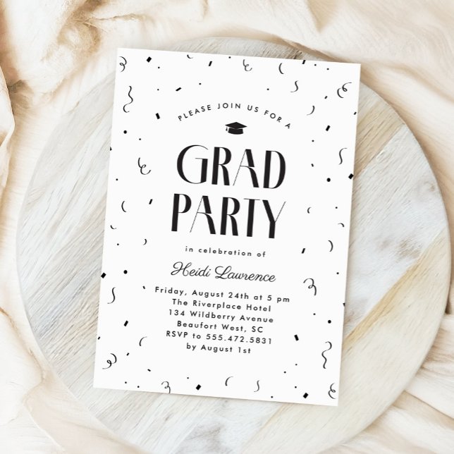 Graduierungspartei Schwarz + Weiß Moderne Typograf Einladung (classic black and white modern typography graduation party invite)