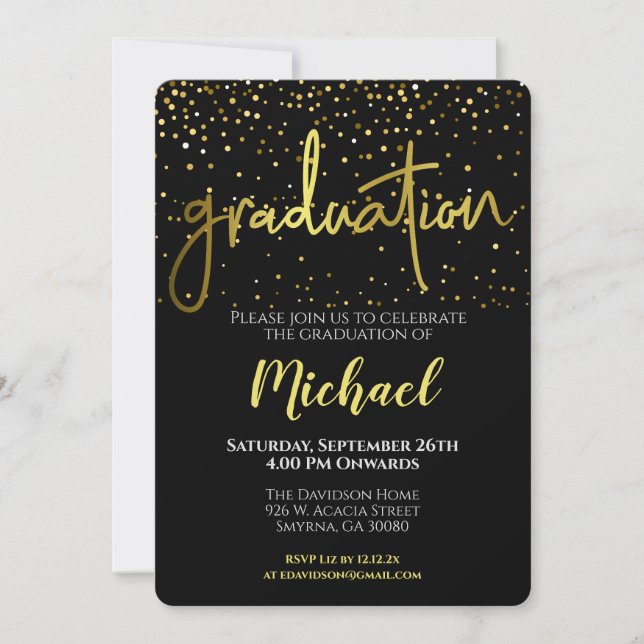 Graduierungspartei Schwarze Gold Typografie Einladung (Vorderseite)